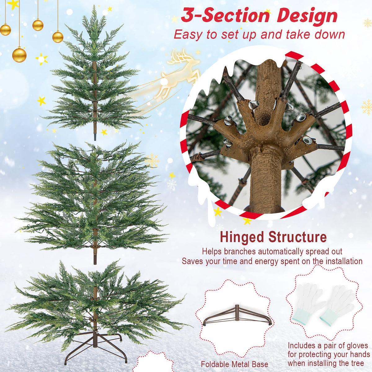 Gymax 7.5 FT Pre-Lit Artificial Christmas Tree Simulated Cypress Xmas Tree w/ Hinges