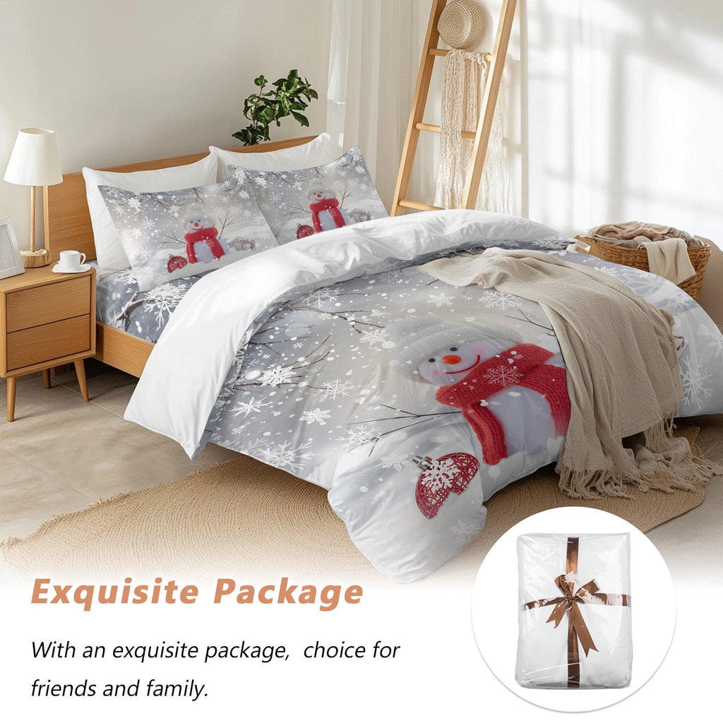 Christmas Duvet Cover Set Twin Size, Cute Red Snowman Pine Branches Winter Snowfall 4 Piece Soft Microfiber Bedding Set with 1 Duvet Cover, 1 Flat Sheet, 2 Pillowcases