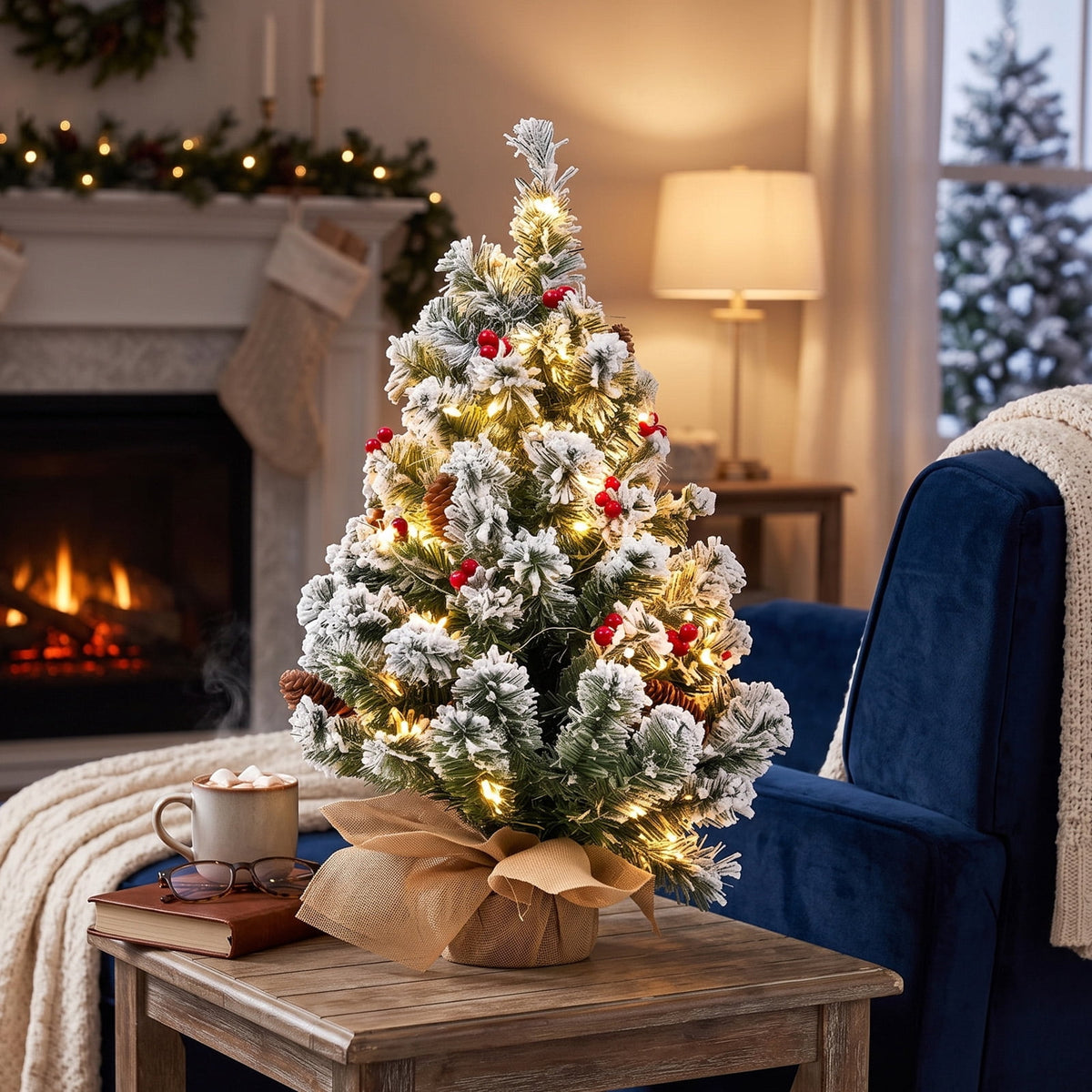 22" Mini Christmas Tree with 30 LEDs, Red Berries & Pinecones, DIY Kit, Battery Powered Tabletop Tree Christmas Decorations Gifts for Dorms, Offices, Home, Classrooms Desks & Small Spaces