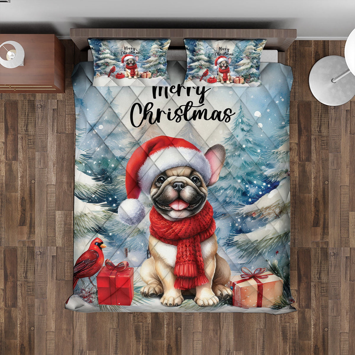 Merry Christmas French Bulldog Enjoys Woofmas Winter Xmas Holiday Quilt Bedding Set Dog Lover Gifts 1 Blanket Bed Cover 2 Pillowcases - 02022