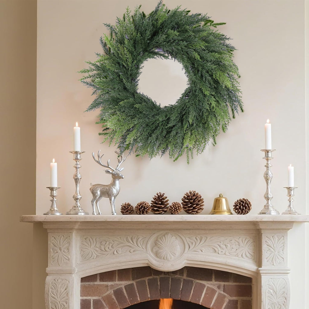 24 Inch Christmas Pine Cypress Wreath - Christmas Wreaths for Front Door, Real Touch Artificial Green Faux Xmas Wreaths for Home Indoor Outdoor Decor