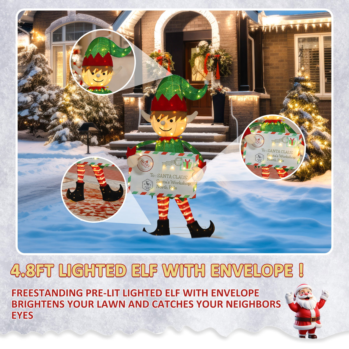 VEIKOUS 4.8ft Christmas Elf Decoration W/ 100 Warm White LED Lights, Envelope & Ground Stakes, Waterproof Pre-Lit Yard Decor for Holiday