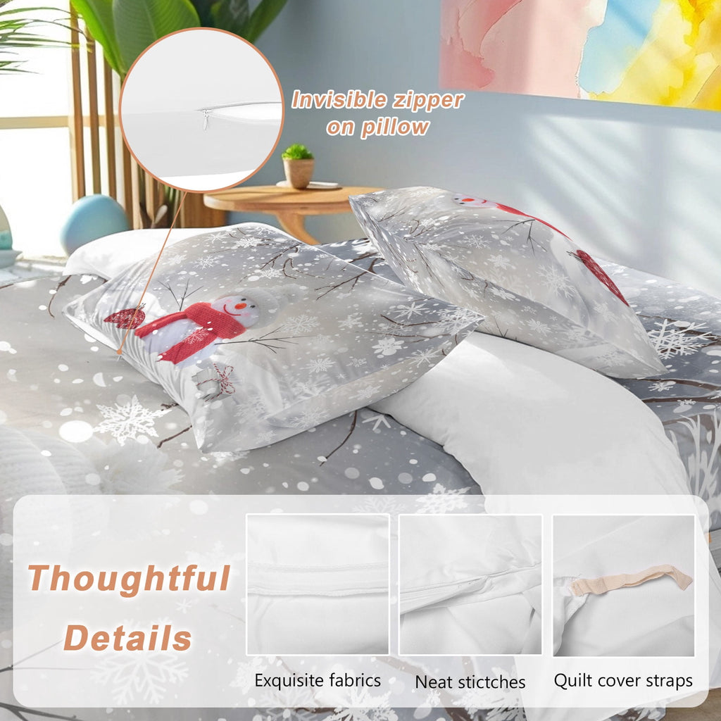 Christmas Duvet Cover Set Twin Size, Cute Red Snowman Pine Branches Winter Snowfall 4 Piece Soft Microfiber Bedding Set with 1 Duvet Cover, 1 Flat Sheet, 2 Pillowcases