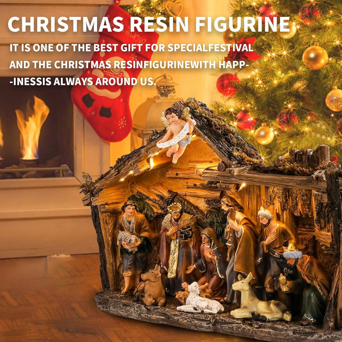 12.5 INCH Wonder Garden Christmas Nativity Set Figurine - Nativity Scene Statue with Moss Stable Village Music Decor