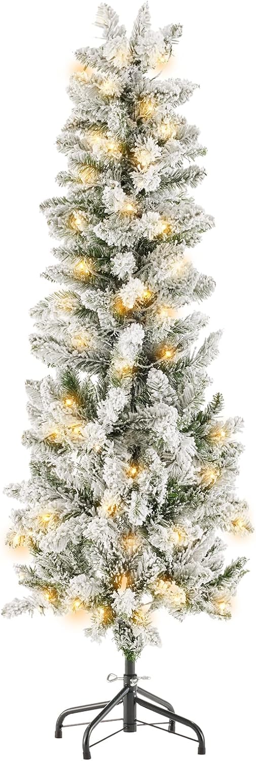 LIFERECORD 6ft Prelit Artificial Hinged Slim Pencil Christmas Tree with 250 Lights, 571 Full Branch Tips, 8 Warm Lingting Motes Perfect Decoration for Xmas Holiday, Green