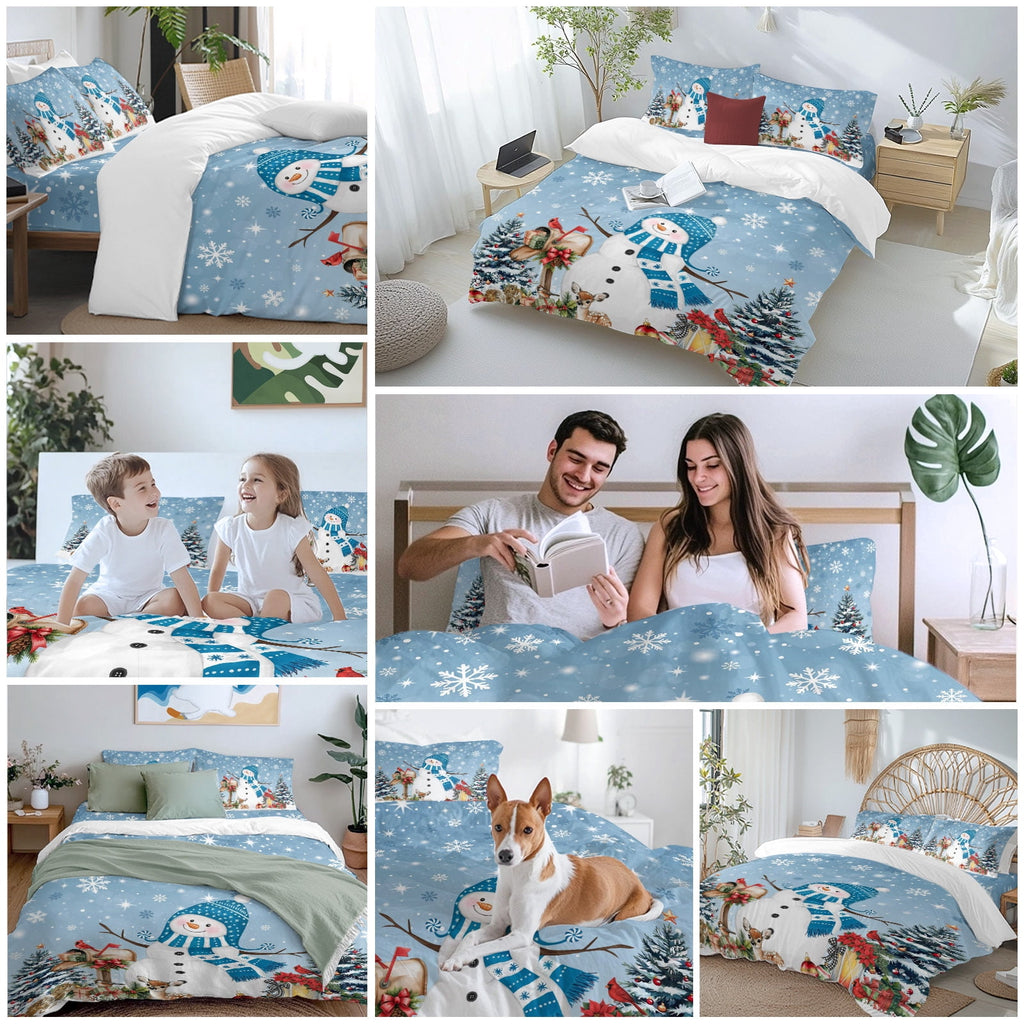 Blue Christmas Snowman Bedding Duvet Cover Set Twin Size 4 Pieces Xmas Tree Elk Balls Snowflake Bedding Set with Zipper Closure, 1 Comforter Cover 68x90 Inches 1 Flat Sheet & 2 Pillow Cases