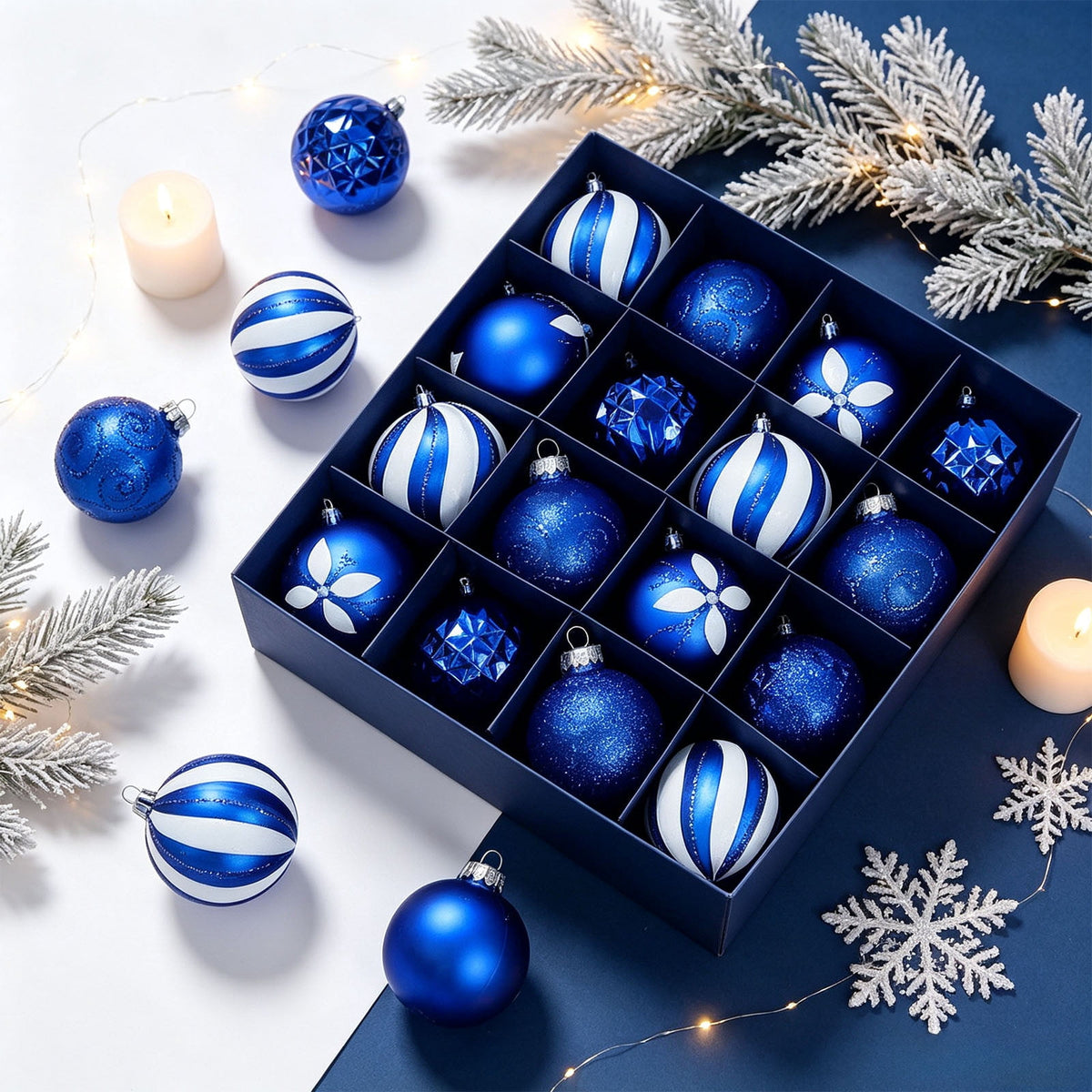 Gaecuw 16 Pack Blue Painted Odd Shaped Christmas Baubles, Luxury Style Ornaments Set for Xmas Tree Wreath Mantel REFINEMENT Decor