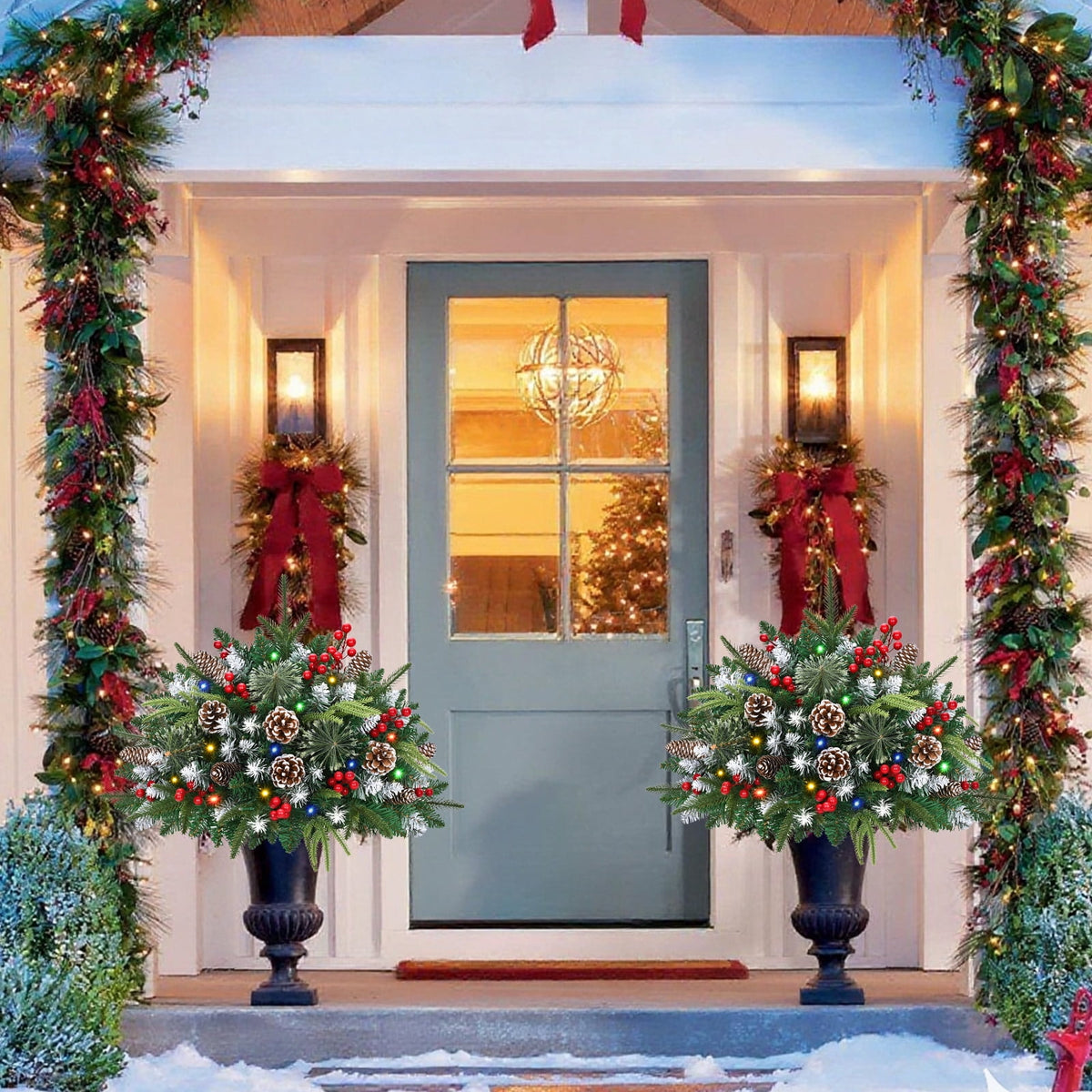 Ikfashoni 2 Pack Christmas Urn Filler, 26 in Pre-lit Outdoor Christmas Tree with Remote, Artificial Christmas Porch Pathway Decoration
