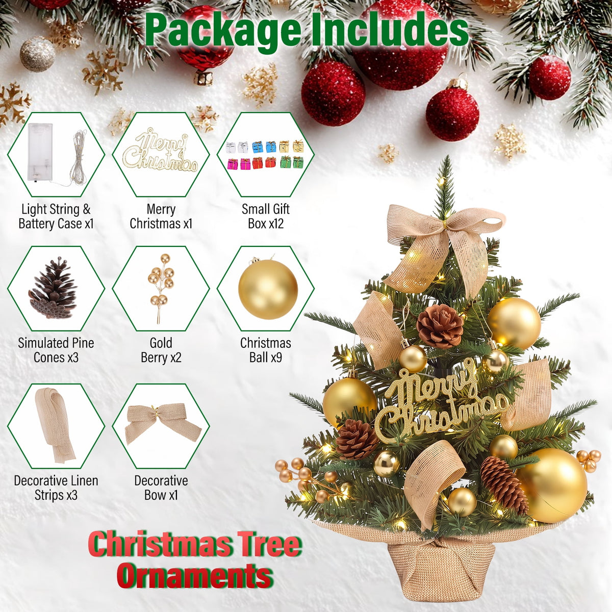 22" Mini Christmas Tree with 30 LEDs, Red Berries & Pinecones, DIY Kit, Battery Powered Tabletop Tree Christmas Decorations Gifts for Dorms, Offices, Home, Classrooms Desks & Small Spaces