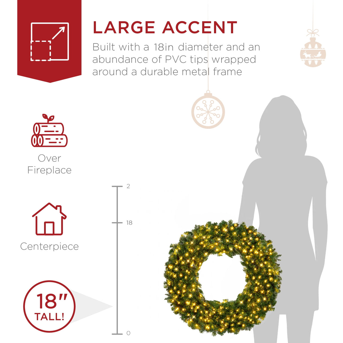 Best Choice Products 48in Artificial Pre-Lit Fir Christmas Wreath Decoration w/ 250 LED Lights, 714 Tips, Power Plug-In