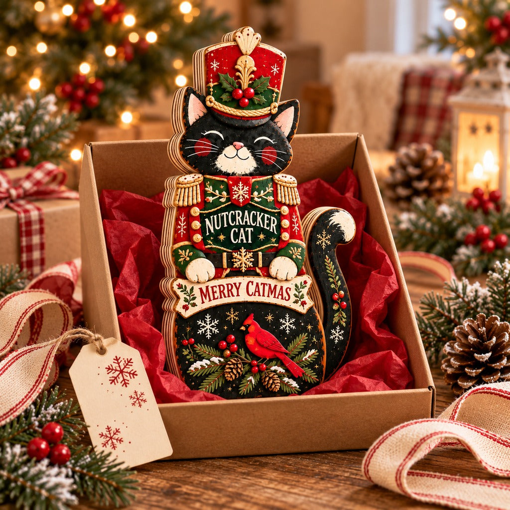 Christmas Wooden Block Nutcracker 3 Layer Tabletop Display for Feline Lovers