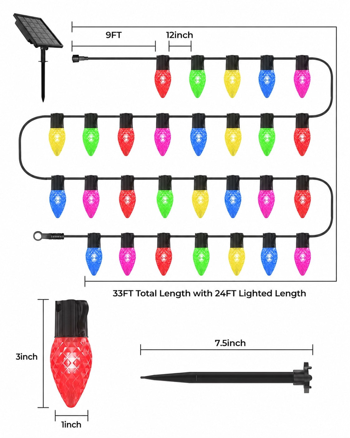 2 IN 1 Solar Christmas Lights C9 LED 33FT 25 LED with Ground Stakes Hanging Design Warm White Multicolor 8 Modes Waterproof for Garden Walkway Patio Christmas Decor