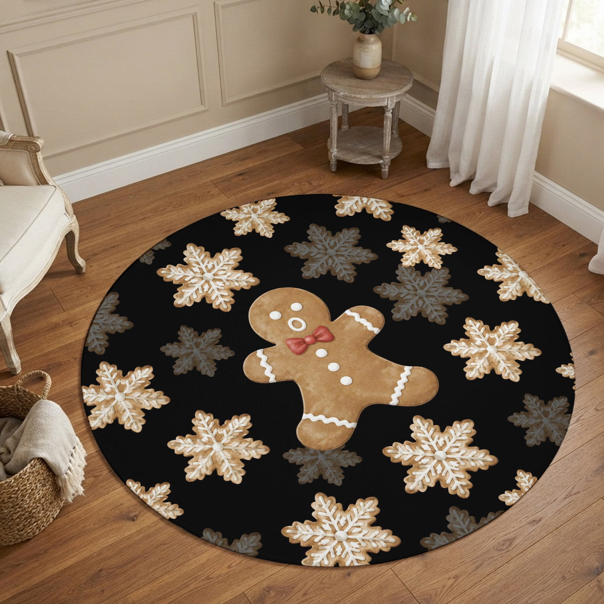 6ft Round Rug, Christmas Non-Skid Rubber Backing Large Area Rugs - Living Room Bedroom Home Office, Beige Snowflake Xmas Winter Black Indoor Floor Mat Carpets Washable Rug