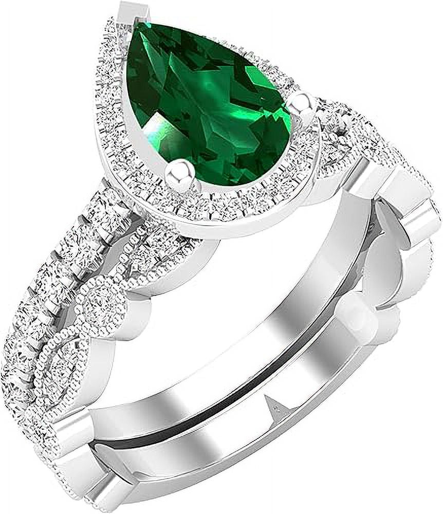 Divine Creation 14K White Gold Plated 2.50 Ct Pear Cut Green Emerald Christmas Thanksgiving Wedding Bridal Ring Set 925 Sterling Silver For Women's -10