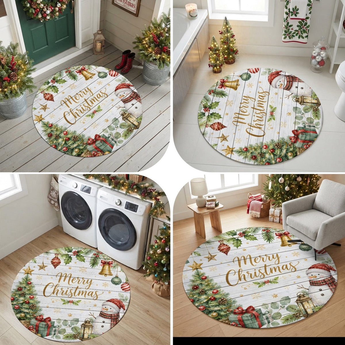 Large Area Rugs for Living Room Bedroom, Blue Merry Christmas 8'x10' Rug Washable Carpet Runner Indoor Outdoor, Xmas Tree Snowman Eucalyptus Wood Non Slip Floor Mats Rug for Kitchen, Patio