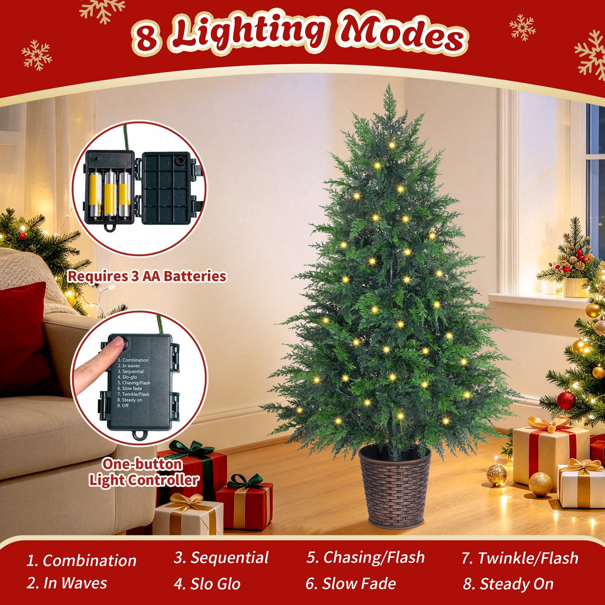 Firstness 4Ft Pre-Lit Potted Christmas Trees with 8 Lighting Modes, PE Cypress Artificial Tree for Porch Entryway Indoor Outdoor Decor