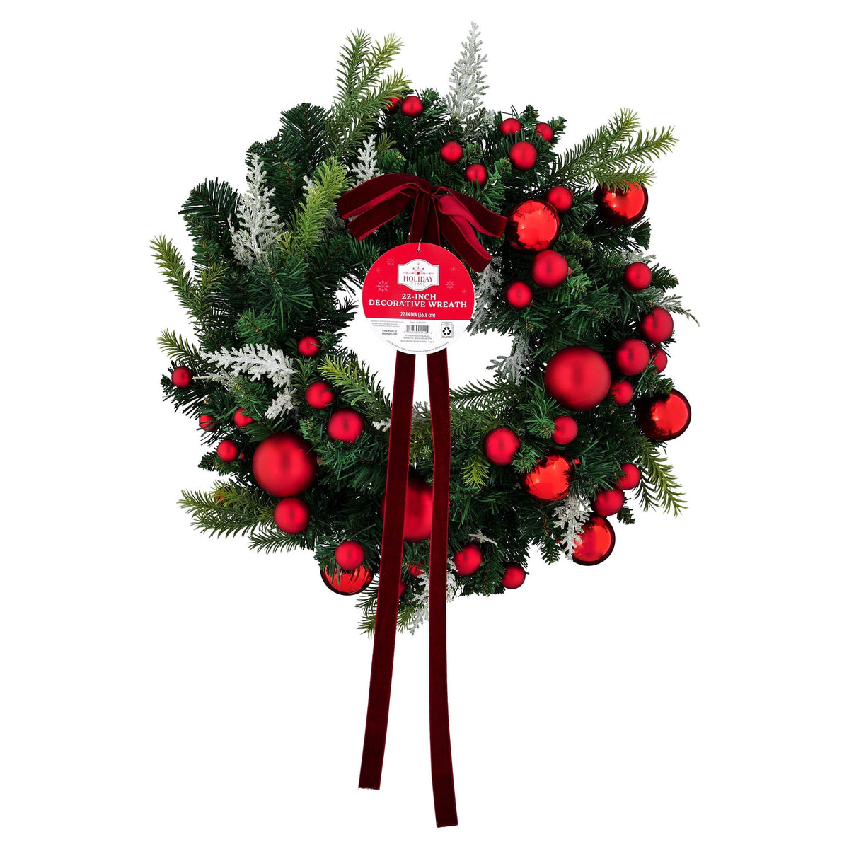 Evergreen Christmas Wreath with Ball Ornaments and Bow, Red and Green, 22", by Holiday Time