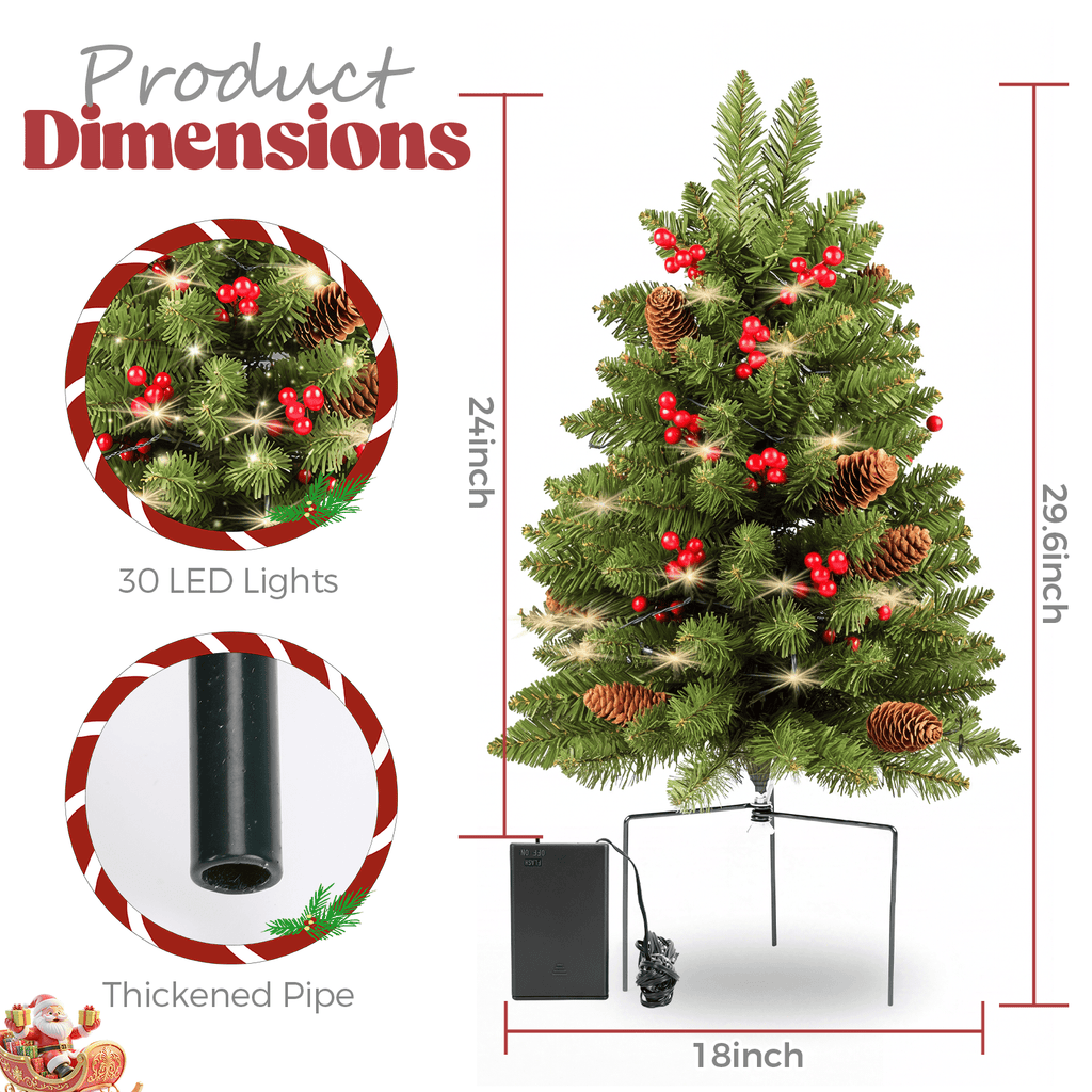 2 Pack 30 inch Prelit Outdoor Christmas Tree, Small Pre-Decorated Green Xmas Tree with Cones & Red Berries, 30 Warm Lights, Urn Filler Holiday Decor for Entrance Driveway, Yard, Garden