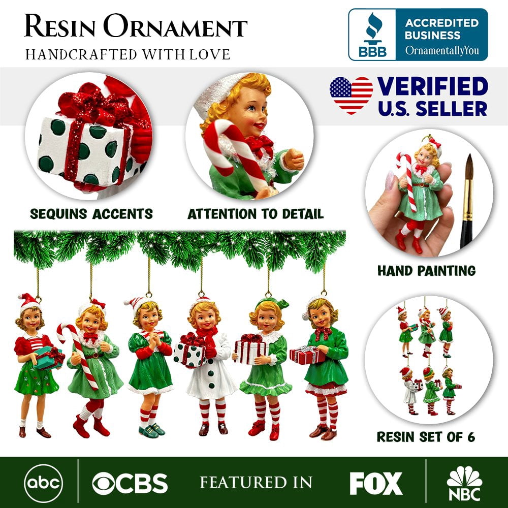 Nostalgic Victorian Christmas Girl Charming Set of 6 Ornaments, Vintage Old Fashioned Resin Holiday Decoration