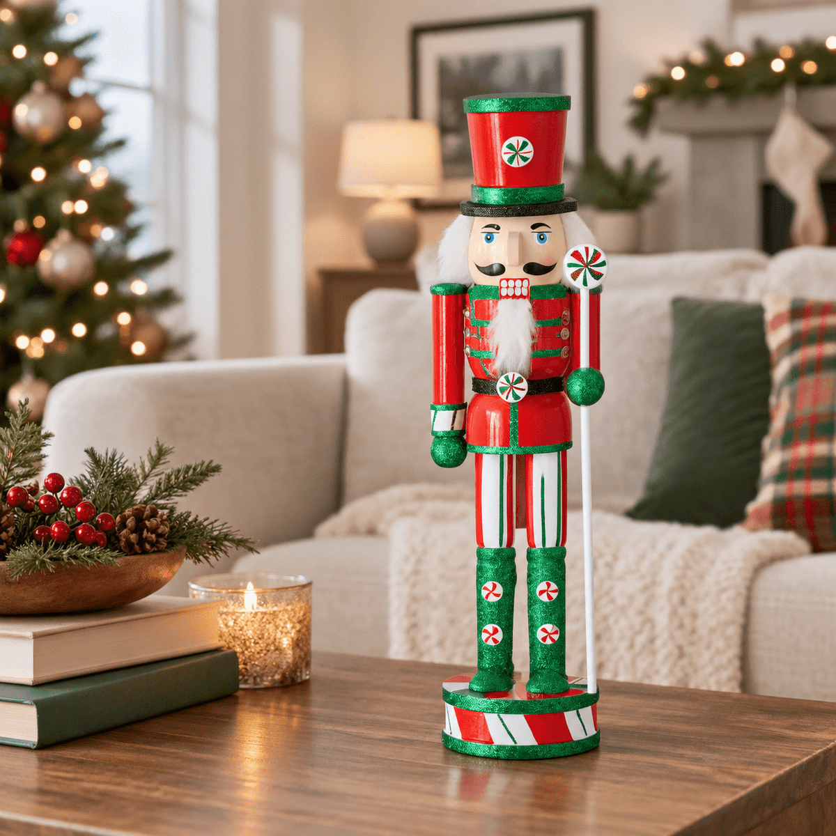 15 Inch Wooden Peppermint Christmas Nutcracker Soldier Decoration