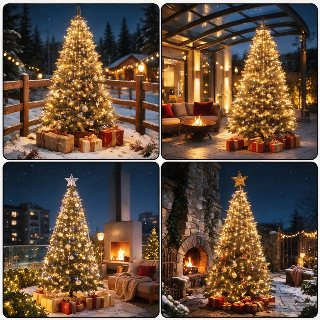 Christmas Tree Lights with Ring, 400 LED Cool White Tree Ring Light, 16 Strands 6.6FT Cascade with Remote & Timer for Indoor Xmas Tree Decor