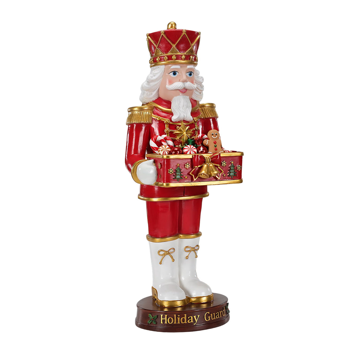 Christmas Nutcracker Soldier Statue with Serving Tray, Red & Gold Holiday Guard Figurine