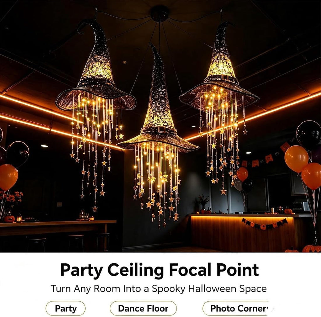 Hanging Witch Hats with Lights - Lighted Black Mesh Witch Hat Chime with Glowing Star Garland for Porch, Tree, Window