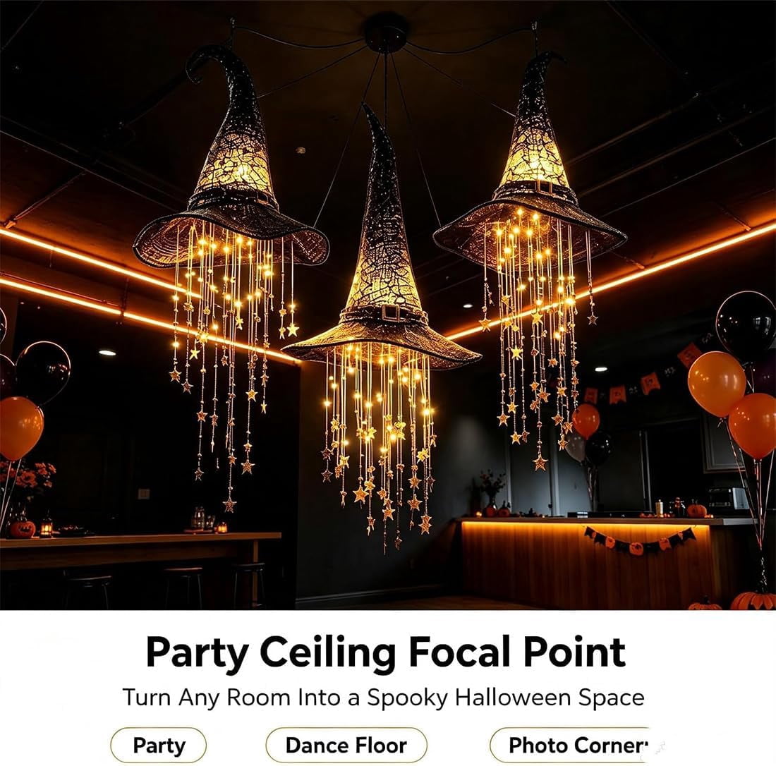 Hanging Witch Hats with Lights - Lighted Black Mesh Witch Hat Chime with Glowing Star Garland for Porch, Tree, Window