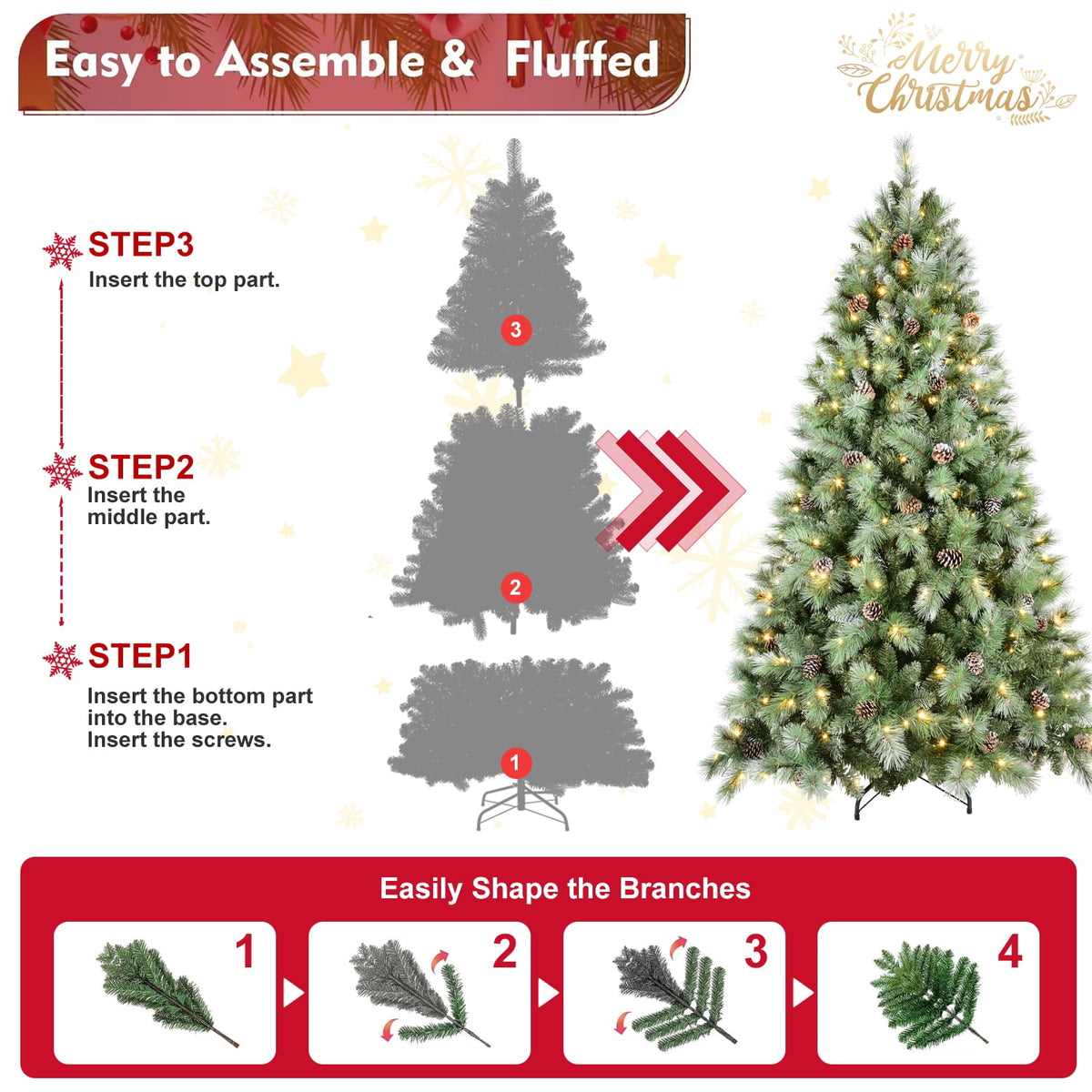 Acpouw 6FT Christmas Tree with 300 Warm White LED Lights – 988 PVC & Hard Needle Tips, 66 Pine Cones, Hinged Branch Design, Sturdy Metal Stand – Full Realistic Holiday Tree
