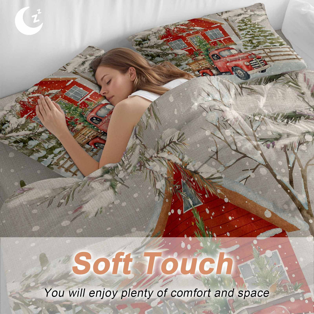 Merry Christmas Bedding Duvet Cover Set Full Size 4 Pieces Xmas Tree Red Truck Barn Snowflake Gray Bedding Set with Zipper Closure, 1 Comforter Cover 86x90 Inches 1 Flat Sheet & 2 Pillow Cases