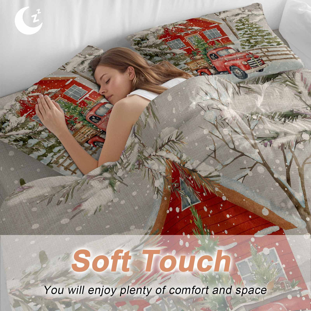 Merry Christmas Bedding Duvet Cover Set Full Size 4 Pieces Xmas Tree Red Truck Barn Snowflake Gray Bedding Set with Zipper Closure, 1 Comforter Cover 86x90 Inches 1 Flat Sheet & 2 Pillow Cases