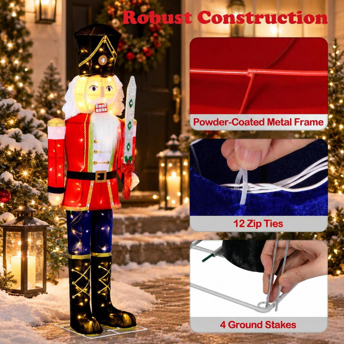 RUIE Lighted Christmas Nutcracker, 5 ft Outdoor Holiday Figure with 100 Warm White LED Lights, Glitter Sword, Metal Frame and Long Cord