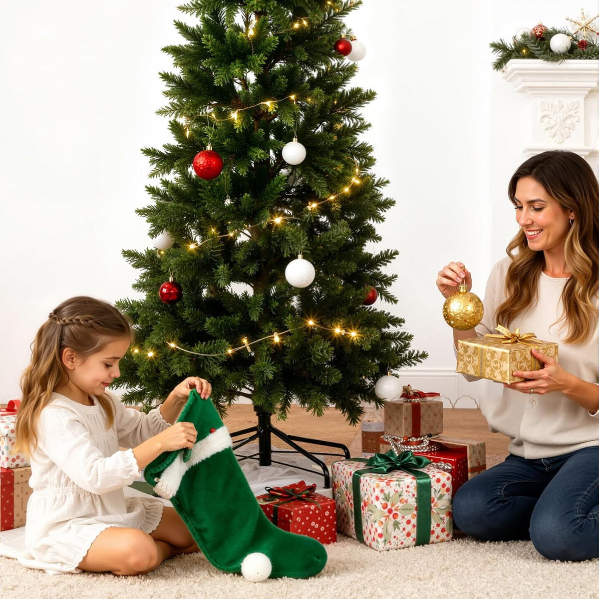 LIFERECORD 6ft Prelit Artificial Hinged Slim Pencil Christmas Tree with 250 Lights, 571 Full Branch Tips, 8 Warm Lingting Motes Perfect Decoration for Xmas Holiday, Green