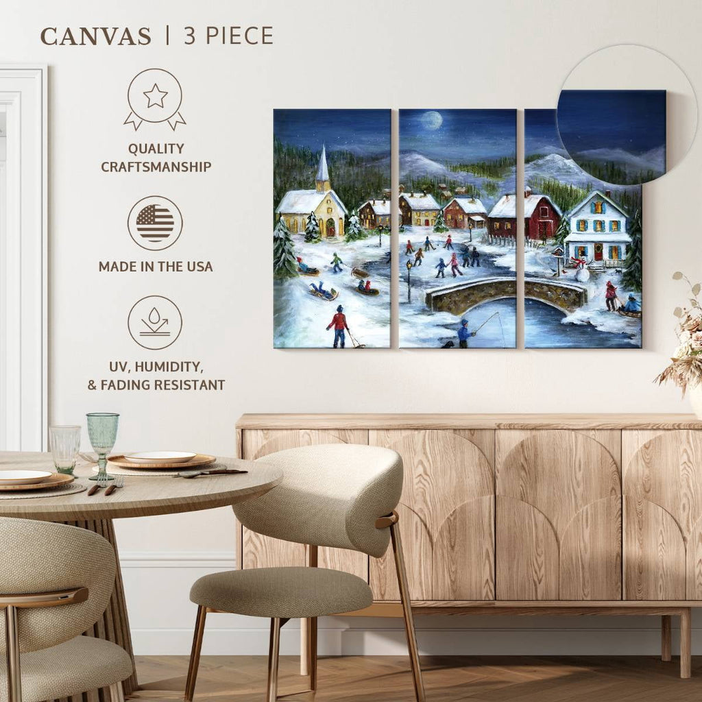 Elephant Stock Moonlit Skaters Wall Art - Horizontal Multi Panel Canvas - Living Room Wall Decor - Holiday Multi Panel - Blue And White Decor By Marilyn Dunlap - 74" x 48"