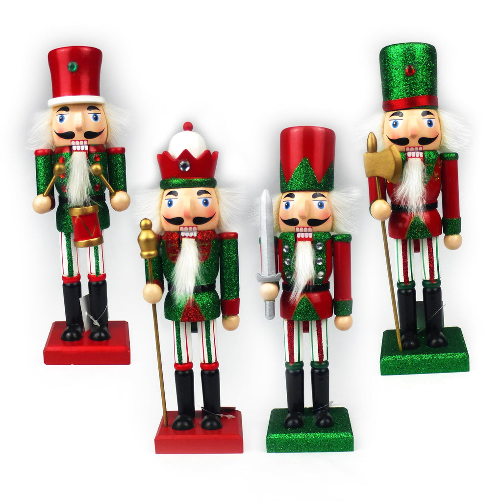 10" Nutcracker Christmas Decoration (Set of 4) - Traditional Wooden Red & Green King, Soldier, & Drummer Styles. For Friends, Family, and Coworkers.