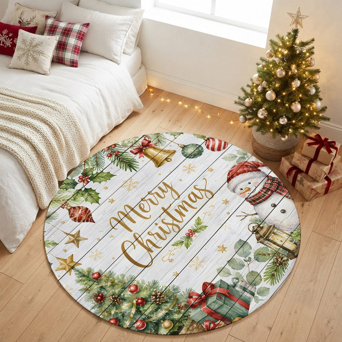 Large Area Rugs for Living Room Bedroom, Blue Merry Christmas 8'x10' Rug Washable Carpet Runner Indoor Outdoor, Xmas Tree Snowman Eucalyptus Wood Non Slip Floor Mats Rug for Kitchen, Patio