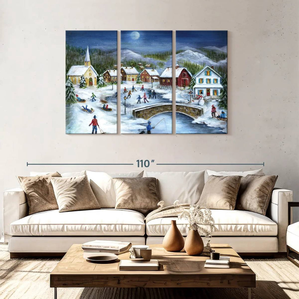 Elephant Stock Moonlit Skaters Wall Art - Horizontal Multi Panel Canvas - Living Room Wall Decor - Holiday Multi Panel - Blue And White Decor By Marilyn Dunlap - 74" x 48"
