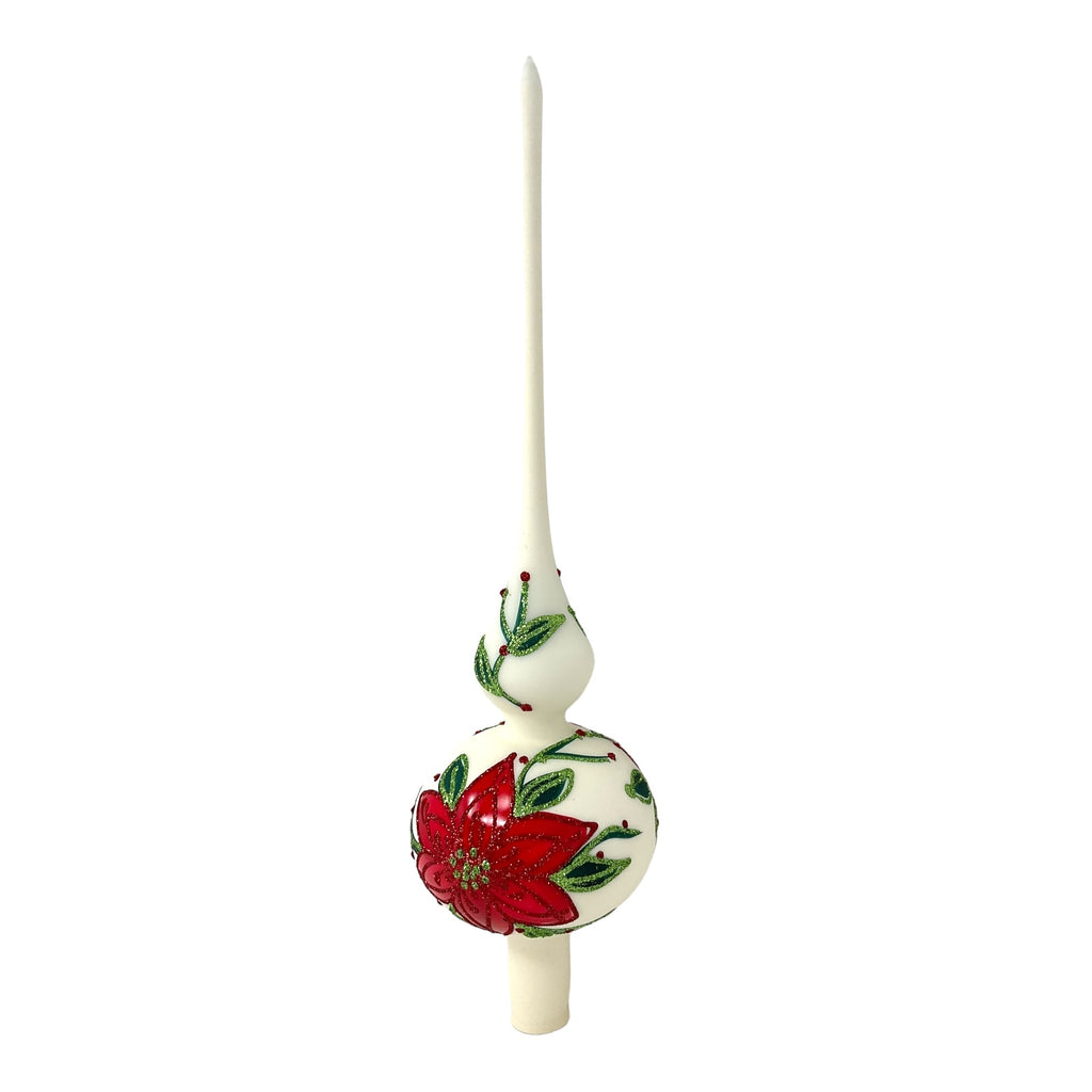Pinnacle Peak Trading Poinsettia Design White Polish Glass Finial Christmas Tree Topper 14.5 inch