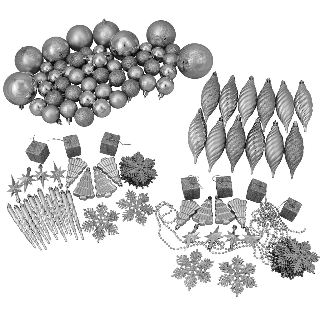125-Piece Club Pack of Shatterproof Silver Splendor Christmas Ornaments