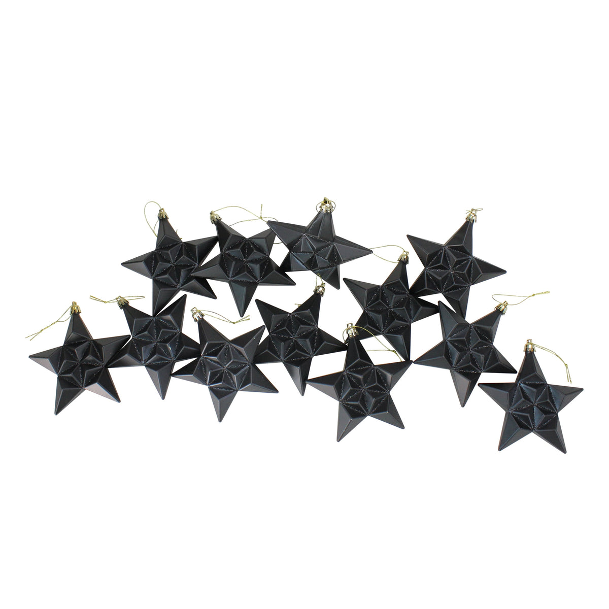 12ct Matte Jet Black Glittered Star Shatterproof Christmas Ornaments 5"