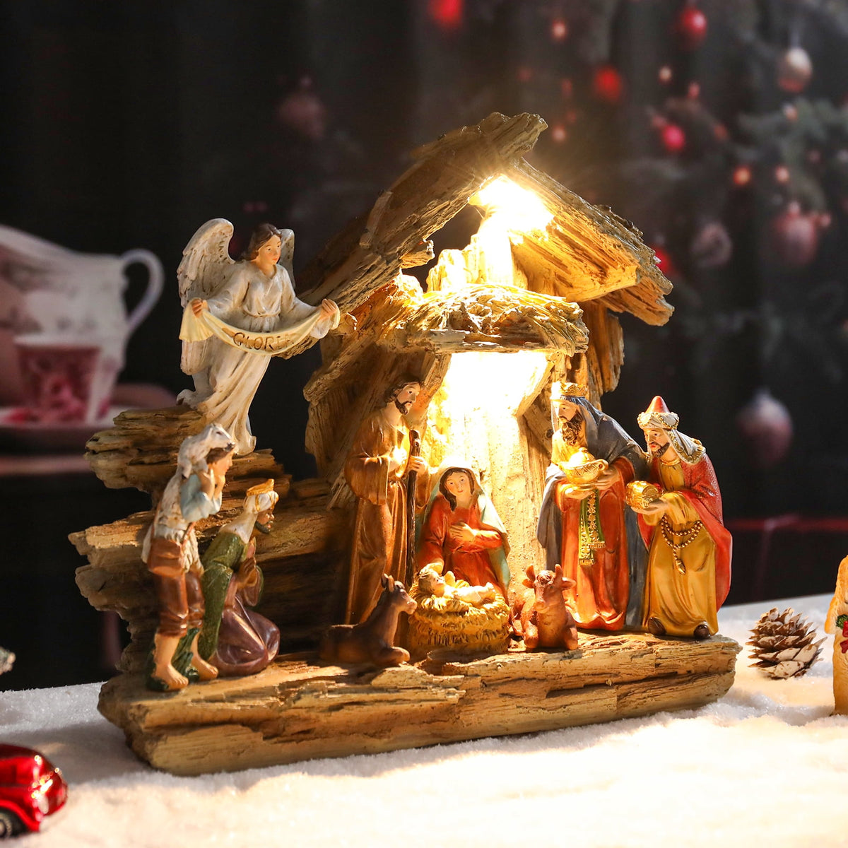 12.5 INCH Wonder Garden Christmas Nativity Set Figurine - Nativity Scene Statue with Moss Stable Village Music Decor