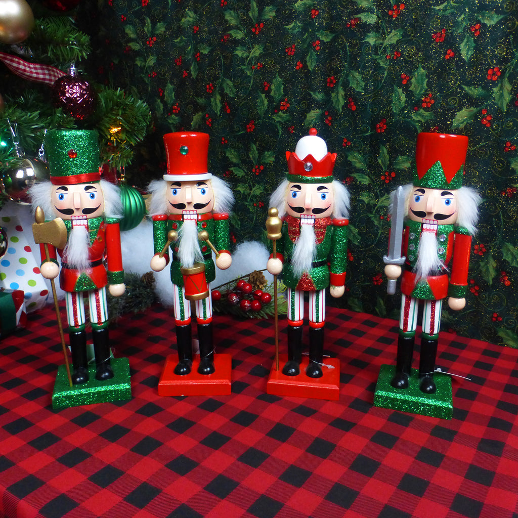 10" Nutcracker Christmas Decoration (Set of 4) - Traditional Wooden Red & Green King, Soldier, & Drummer Styles. For Friends, Family, and Coworkers.