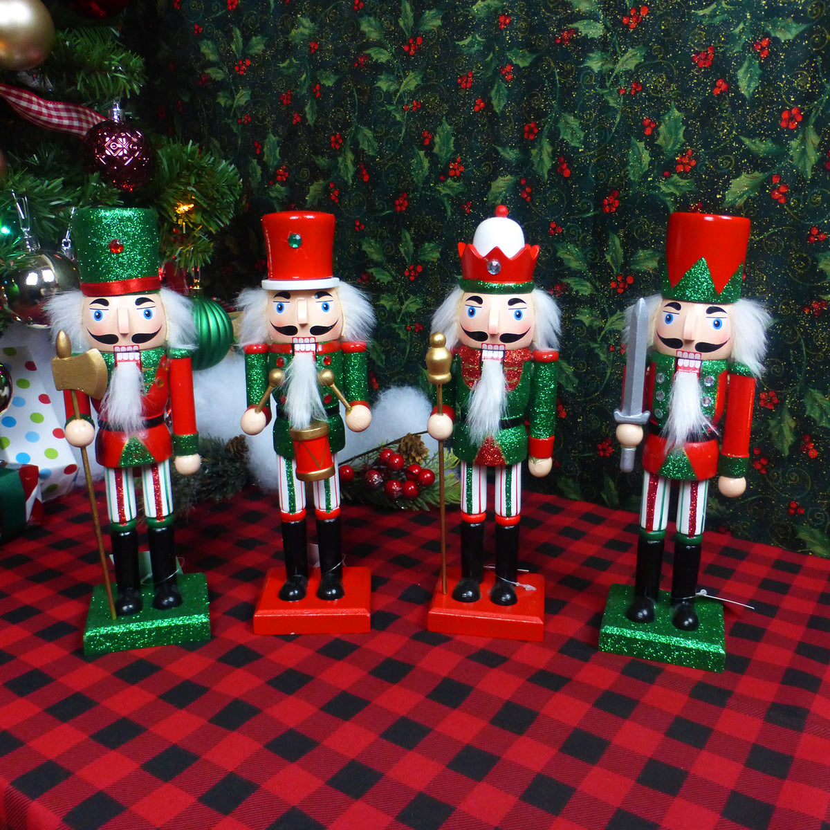 10" Nutcracker Christmas Decoration (Set of 4) - Traditional Wooden Red & Green King, Soldier, & Drummer Styles. For Friends, Family, and Coworkers.