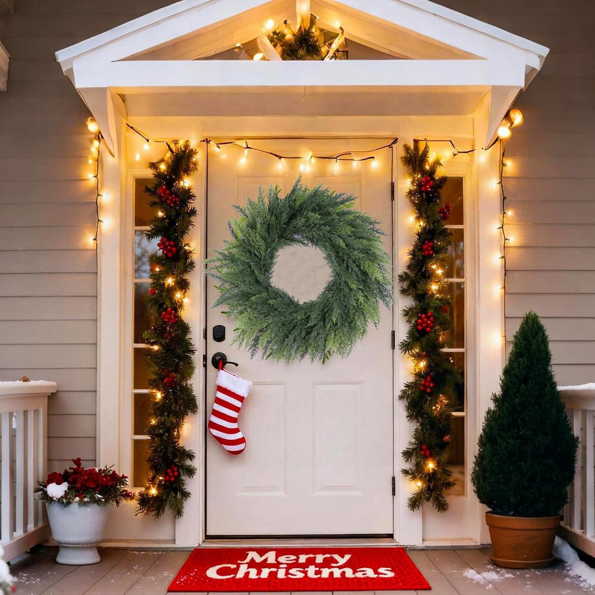 24 Inch Christmas Pine Cypress Wreath - Christmas Wreaths for Front Door, Real Touch Artificial Green Faux Xmas Wreaths for Home Indoor Outdoor Decor
