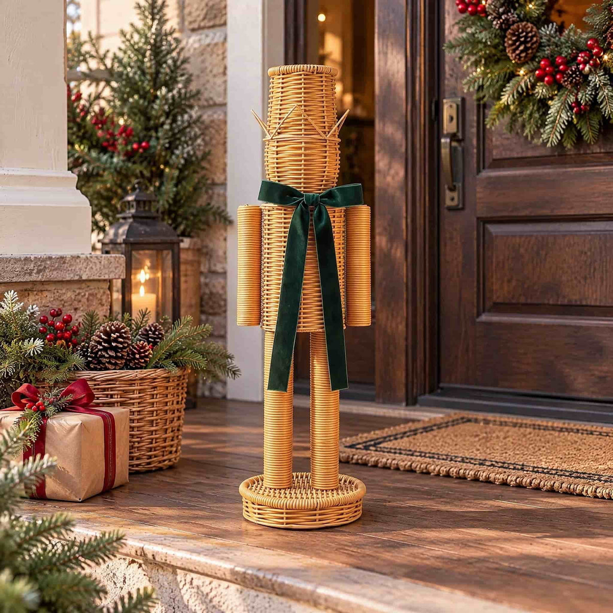 15.74 Inch Rattan Nutcracker Christmas Decor, Woven Look Resin Nutcracker Figurine With Green Velvet Bow, Freestanding Christmas Soldier Decoration For Mantel Shelf Entryway
