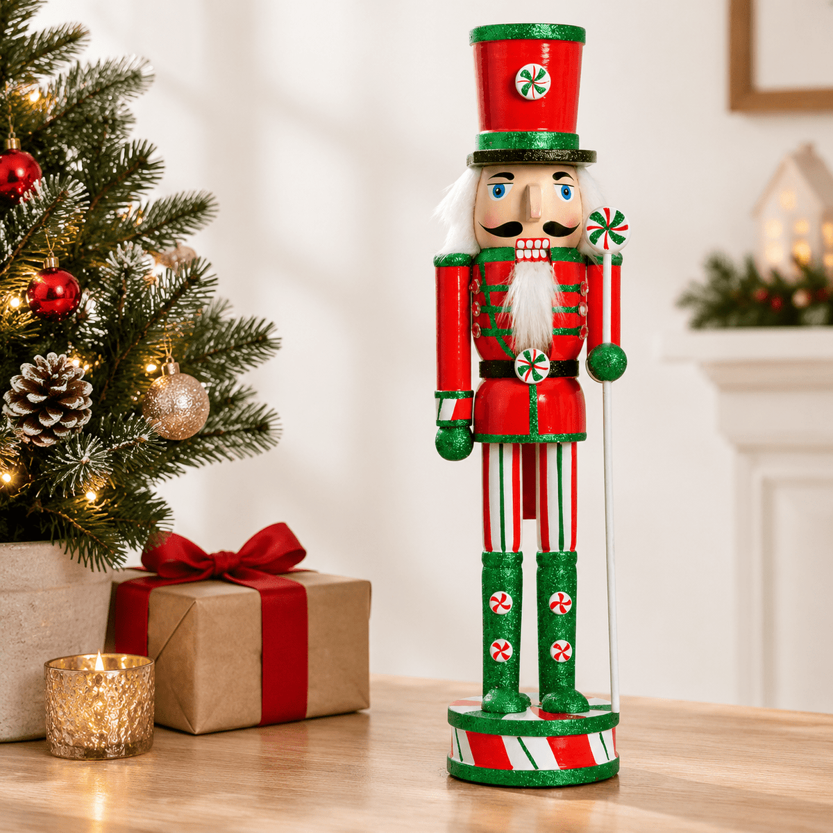 15 Inch Wooden Peppermint Christmas Nutcracker Soldier Decoration