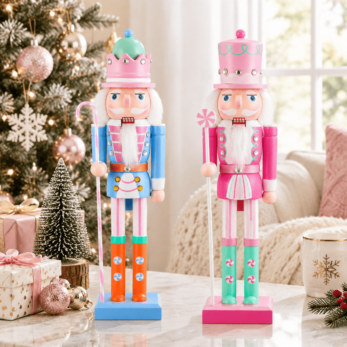 15'' Wooden Pastel Nutcracker Soldier Figures, Set of 2, Traditional Christmas Desktop Decor