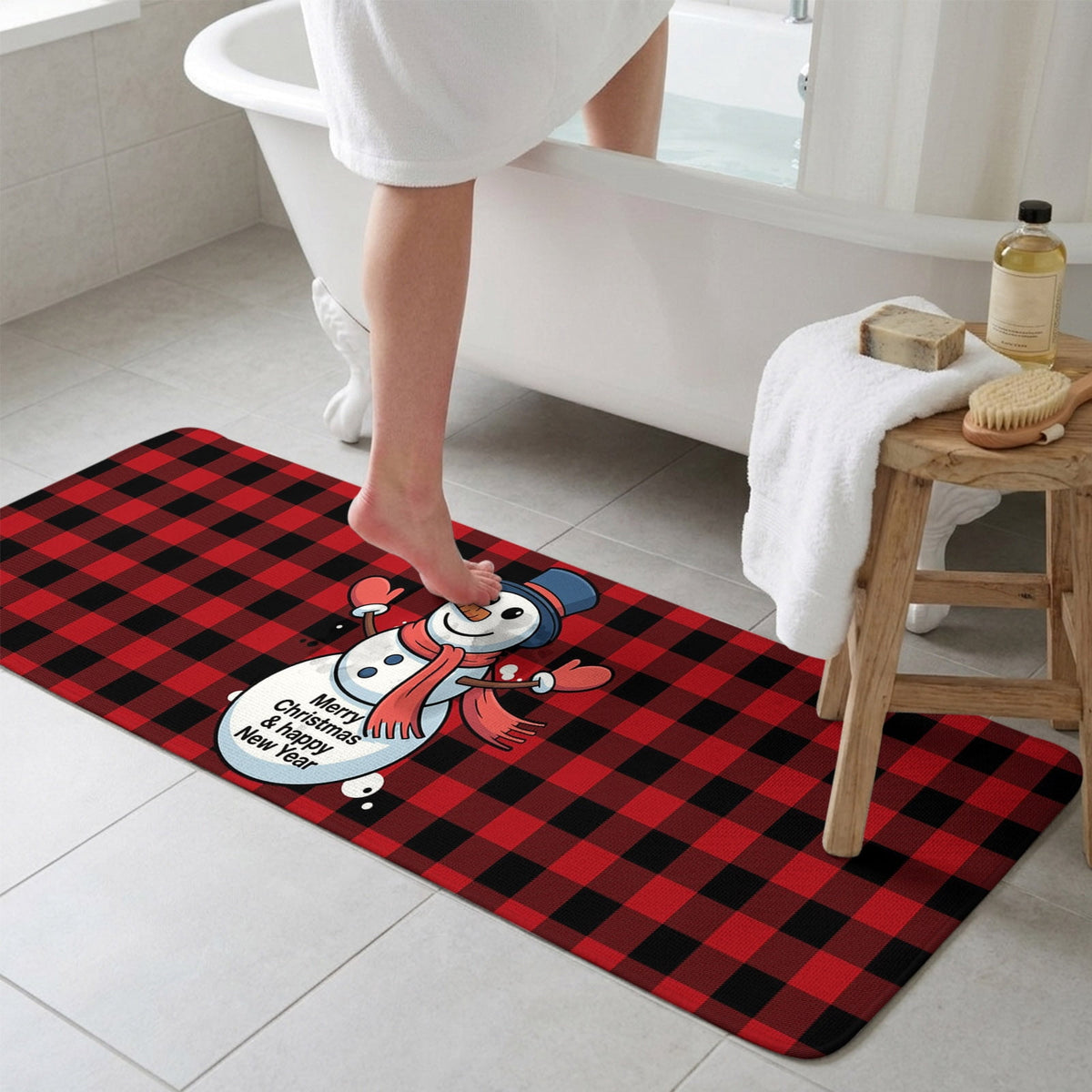Christmas Snowman Bathroom Runner Rugs Non Slip Washable Absorbent Narrow Long Bath Mat Winter Holiday Xmas Red Black Plaid Runner Rugs for Kitchen Hallway Bedroom Laundry Study Room 31.5"x78.7"