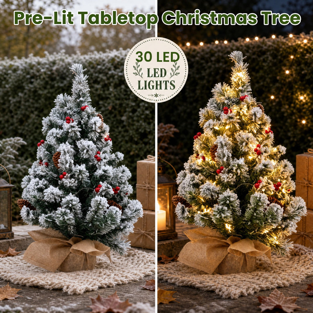 22" Mini Christmas Tree with 30 LEDs, Red Berries & Pinecones, DIY Kit, Battery Powered Tabletop Tree Christmas Decorations Gifts for Dorms, Offices, Home, Classrooms Desks & Small Spaces