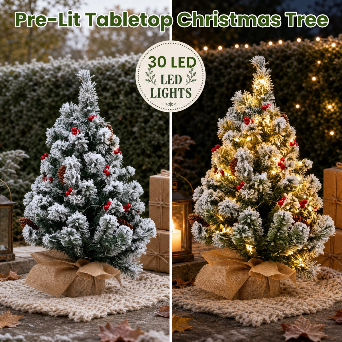 22" Mini Christmas Tree with 30 LEDs, Red Berries & Pinecones, DIY Kit, Battery Powered Tabletop Tree Christmas Decorations Gifts for Dorms, Offices, Home, Classrooms Desks & Small Spaces